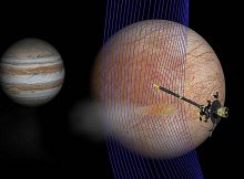 Artist’s illustration of Jupiter and Europa (in the foreground) with the Galileo spacecraft after its pass through a plume erupting from Europa’s surface. A new computer simulation gives us an idea of how the magnetic field interacted with a plume. The magnetic field lines (depicted in blue) show how the plume interacts with the ambient flow of Jovian plasma. The red colors on the lines show more dense areas of plasma. Credits: NASA/JPL-Caltech/Univ. of Michigan