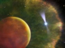 The pulsar PSR B1957+20 is seen in the background through the cloud of gas enveloping its brown dwarf star companion. Image: Dr. Mark A. Garlick; Dunlap Institute for Astronomy & Astrophysics, University of Toronto