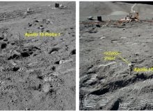 Left: This photograph by astronaut James Irwin shows the borestem and the cable of the Apollo 15 heat flow probe 1 protruding from the ground. Around the borestem, footprints of the astronauts can be seen. Right: This photograph by astronaut Harrison Schmidt shows the borestem and the cable of the Apollo 17 Probe 2 protruding from the ground. Credit: NASA.