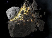 Illustration of a large asteroid splintering. Credit: Don Davis