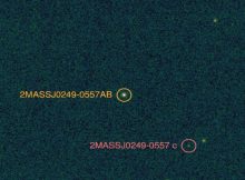 Direct Wircam image of 2MASS 0249 system taken wiht CFHT's infrared camera WIRCam. 2MASS 0249c is located 2000 astronomical units from the host brown dwarfs that are unresolved in this image. Credits: T. Dupuy, M. Liu