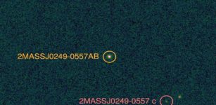 Direct Wircam image of 2MASS 0249 system taken wiht CFHT's infrared camera WIRCam. 2MASS 0249c is located 2000 astronomical units from the host brown dwarfs that are unresolved in this image. Credits: T. Dupuy, M. Liu