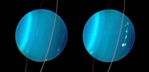 A 2004 infrared composite image of the two hemispheres of Uranus obtained with Keck Telescope adaptive optics. Credit: Lawrence Sromovsky, University of Wisconsin-Madison/W.W. Keck Observatory.