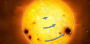 Sun-like stars rotate differentially, with the equator rotating faster than the higher latitudes. The blue arrows in the figure represent rotation speed. Differential rotation is thought to be an essential ingredient for generating magnetic activity and starspots. Credit: MPI for Solar System Research/MarkGarlick.com