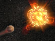 Violent outbursts of seething gas from young red dwarf stars may make conditions uninhabitable on fledgling planets. In this artist's rendering, an active, young red dwarf (right) is stripping the atmosphere from an orbiting planet (left). Scientists found that flares from the youngest red dwarfs they surveyed — approximately 40 million years old — are 100 to 1,000 times more energetic than when the stars are older. They also detected one of the most intense stellar flares ever observed in ultraviolet light — more energetic than the most powerful flare ever recorded from our Sun. Credits: NASA, ESA and D. Player (STScI)