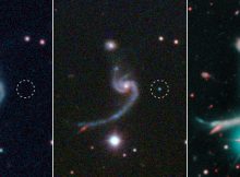 The three panels represent moments before, during, and after the faint supernova iPTF14gqr, visible in the middle panel, appeared in the outskirts of a spiral galaxy located 920 million light years away. The massive star that died in the supernova left behind a neutron star in a very tight binary system. These dense stellar remnants will ultimately spiral into each other and merge in a spectacular explosion, giving off gravitational and electromagnetic waves. Credit: SDSS/Caltech/Keck