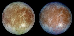 Two views of the trailing hemisphere of Jupiter's ice-covered satellite, Europa. The left image shows the approximate natural color appearance of Europa. The image on the right is a false-color composite version combining violet, green and infrared images to enhance color differences in the predominantly water-ice crust of Europa. Image credit: NASA/JPL-Caltech/DLR