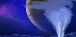 This is an artist's concept of a plume of water vapor thought to be ejected off the frigid, icy surface of the Jovian moon Europa. Image credit: NASA/ESA/K. Retherford/SWRI