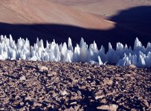 These natural ice spikes, called penitentes – which are several feet tall – are located on a dry plain of Chile. Could similar features on a moon of Jupiter create landing hazards for a NASA mission? (Photo courtesy European Southern Observatory)