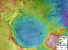 Jezero crater is a paleolake and potential landing site for NASA's Mars 2020 rover mission to look for past life. The outlet canyon carved by overflow flooding is visible in the upper right side of the crater. The inlets on the right side were carved by ancient rivers. Credit: NASA/Tim Goudge.