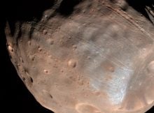 Groovy Phobos Much of Phobos' surface is covered with strange linear grooves. New research bolsters that idea the boulders blasted free from Stickney crater (the large depression on the right) carved those iconic grooves. NASA/JPL-Caltech/University of Arizona