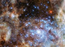 The central region of the Tarantula Nebula in the Large Magellanic Cloud. This newly-formed star cluster (R136) is forming stars rapidly enough that the cosmic phenonmenon studied may operate here [Credit: NASA, ESA, P Crowther (University of Sheffield)]