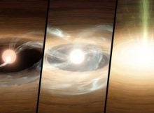 3-panel layout, showing the outbursting star. Image courtesy of Caltech/T. Pyle (IPAC).