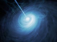 This artist's impression shows how J043947.08+163415.7, a very distant quasar powered by a supermassive black hole, may look close up. This object is by far the brightest quasar yet discovered in the early universe. Credit: ESA/HUBBLE, NASA, M. KORNMESSER