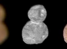 The first color image of Ultima Thule, taken at a distance of 85,000 miles (137,000 kilometers) at 4:08 Universal Time on January 1, 2019, highlights its reddish surface. At left is an enhanced color image taken by the Multispectral Visible Imaging Camera (MVIC), produced by combining the near infrared, red and blue channels. The center image taken by the Long-Range Reconnaissance Imager (LORRI) has a higher spatial resolution than MVIC by approximately a factor of five. At right, the color has been overlaid onto the LORRI image to show the color uniformity of the Ultima and Thule lobes. Note the reduced red coloring at the neck of the object. Credit: NASA/Johns Hopkins University Applied Physics Laboratory/Southwest Research Institute