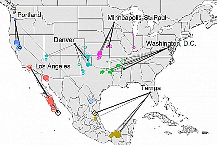 Under current high emissions the average urban dweller is going to have to drive more than 500 miles to the south to find a climate similar to their home city by 2080. (Matthew Fitzpatrick/University of Maryland Center for Environmental Science)