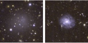 DGSAT I (left), an ultra-diffuse galaxy (UDG), is shown next to a normal spiral galaxy (right) for comparison. Both are similar in size, but UDGs like DGSAT I have so few stars, you can see right through them, to the galaxies in the background. Credit: A. ROMANOWSKY/UCO/D. MARTINEZ-DELGADO/ARI