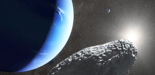 An artist's concept of the tiny moon Hippocamp that was discovered by the Hubble Space Telescope in 2013. Only 20 miles across, it may actually be a broken-off fragment from a much larger neighboring moon, Proteus, seen as a crescent in the background. (Image courtesy of NASA, ESA, and J. Olmsted/STScI)