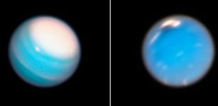 Mysterious dark storm on Neptune (right) and provided a fresh look at a long-lived storm circling around the north polar region on Uranus (left). Credits: NASA, ESA, A. Simon (NASA Goddard Space Flight Center), and M.H. Wong and A. Hsu (University of California, Berkeley)