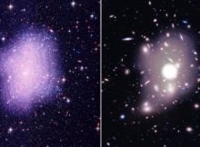 Astronomers observed that the dark matter does not seem to clump very much in small galaxies, but their density peaks sharply in bigger systems such as clusters of galaxies. It has been a puzzle why different systems behave differently. Credit: Kavli IPMU - Kavli IPMU modified this figure based on the image credited by NASA, STScI