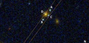 A new Einstein cross had been discovered, named J2211-0350 according to its coordinates on the sky. The object acting as a lens turns out to be an elliptical galaxy located at a distance of approximately 7 billion light years