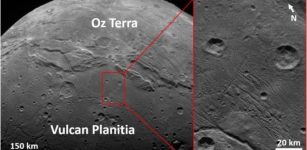 An SwRI-led team studied the craters and geology on Pluto and Charon and found there were fewer small craters than expected. This implies that the Kuiper Belt contains relatively small numbers of objects less than 1 mile in diameter. Imaged by New Horizon's LORRI camera, the smooth, geologically stable 'Vulcan Planitia' on Charon illustrates these findings. Credit: NASA/JHUAPL/LORRI/SwRI