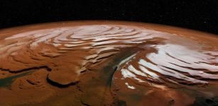 A vertically exaggerated view of Mars’ north polar cap