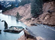 State Highway 287 slumped into Hebgen Lake; damage from the August 1959 Hebgen Lake (Montana-Yellowstone) earthquake.Photo credit: I.J. Witkind/USGS