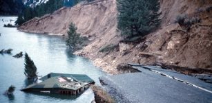 State Highway 287 slumped into Hebgen Lake; damage from the August 1959 Hebgen Lake (Montana-Yellowstone) earthquake.Photo credit: I.J. Witkind/USGS