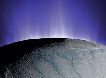 This composite image shows how plumes of water emanate from fissures in the surface ice of Enceladus, one of Saturn’s moons. NASA / JPL (Illustration