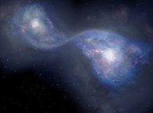 Artist’s impression of the merging galaxies B14-65666 located 13 billion light-years away. Credit: NAOJ.