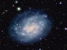 Colour-composite image of the nearby spiral galaxy NGC 300 and the surrounding sky field, obtained in 1999 and 2000 with the Wide-Field Imager (WFI) on the MPG/ESO 2.2-m telescope at the La Silla Observatory. ID: phot-18a-02 Press Photo: 18/02 Object: NGC 300 Telescope: 2.2m Instrument: WFI Size: 4000x3722 Credit: ESO