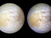 Tara Regio is the yellowish area to left of center, in this NASA Galileo image of Europa’s surface. This region of geologic chaos is the area researchers identified an abundance of sodium chloride. Credit: NASA/JPL/University of Arizona