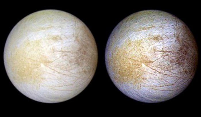 Tara Regio is the yellowish area to left of center, in this NASA Galileo image of Europa’s surface. This region of geologic chaos is the area researchers identified an abundance of sodium chloride. Credit: NASA/JPL/University of Arizona