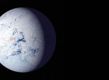 An artist’s rendition of what a snowball planet might look like. Ice covers the oceans to the equators. Credit: NASA