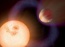 This illustration shows a hot Jupiter orbiting so close to a red dwarf star that the magnetic fields of both interact, triggering activity on the star. Astrophysicists have for the first time used observations of such activity to calculate field strengths in four hot Jupiter star-and-planet systems. Image credit: NASA, ESA and A. Schaller (for STScI)