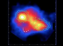 Image taken in the x-ray spectrum shows two galaxy clusters in the early stage of collision. The white dotted line shows the pre-merger shock. Image credit: RIKEN