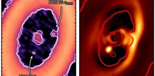 Radio astronomers using the Atacama Large Millimeter/submillimeter Array of telescopes in Chile have found a disk of gas and dust (left) around exoplanet PDS 70 c, a still-forming gas giant that was obscured from view in the 2018 infrared image (right) that first revealed its sister planet, PDS 70 b. (Image courtesy of A. Isella, ALMA (ESO/NAOJ/NRAO))