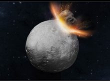 Artist's concept of a massive ‘hit-and-run’ collision hitting Asteroid Vesta