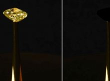 A 16.78-carat natural yellow diamond from LJ West Diamonds (left), is coated with a new carbon nanotube-based material that is the blackest material on record (the covered diamond, shown at right).