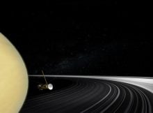 An artist’s impression of the Cassini spacecraft among Saturn’s rings.