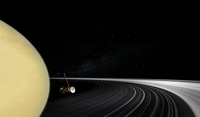 An artist’s impression of the Cassini spacecraft among Saturn’s rings.