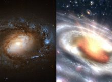 A new study led by University of Maryland astronomers documented six sleepy, low-ionization nuclear emission-line region galaxies (LINERs; left) suddenly transforming into blazing quasars (right), home to the brightest of all active galactic nuclei. The researchers suggest they have discovered an entirely new type of black hole activity at the centers of these six LINER galaxies. Credit: (Left; infrared & visible light imagery): ESA/Hubble, NASA and S. Smartt (Queen's University Belfast); (Right; artist's concept): NASA/JPL-Caltech