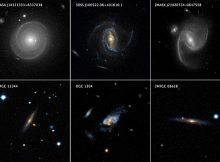 The top row of this mosaic features Hubble images of three spiral galaxies, each of which weighs several times as much as the Milky Way. The bottom row shows three even more massive spiral galaxies that qualify as “super spirals,” which were observed by the ground-based Sloan Digital Sky Survey. Super spirals typically have 10 to 20 times the mass of the Milky Way. The galaxy at lower right, 2MFGC 08638, is the most massive super spiral known to date, with a dark matter halo weighing at least 40 trillion Suns. (Image: Top row: NASA, ESA, P. Ogle and J. DePasquale (STScI). Bottom row: SDSS, P. Ogle and J. DePasquale (STScI)