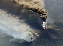 An eruption at Mount Etna on October 30, 2002 from the International Space Station. The eruption, triggered by a series of earthquakes, was one of the most vigorous in years. Ashfall was reported in Libya, more than 350 miles away. Credit: NASA