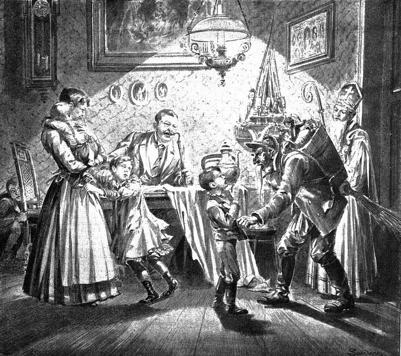 Krampus and Saint Nicholas visit a Viennese home in 1896.