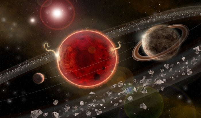 An artist’s rendering of the Proxima Centauri system shows the newly discovered exoplanet Proxima c (on the right), which orbits its host star in about 5.2 years. The smaller Proxima b, shown on the left, was discovered in 2016. Proxima Centauri is just 4.3 light-years from Earth. Lorenzo Santinelli