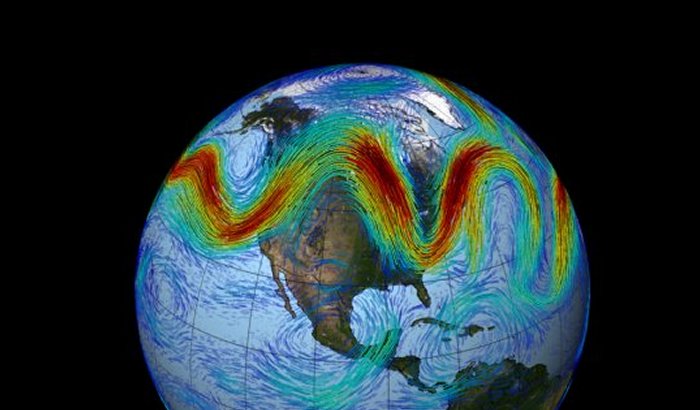 The jet stream that circles Earth's north pole travels west to east. But when the jet stream interacts with a Rossby wave, as shown here, the winds can wander far north and south, bringing frigid air to normally mild southern states. Credit: NASA/GSFC