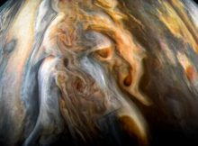 The JunoCam imager aboard NASA's Juno spacecraft captured this image of Jupiter's southern equatorial region on Sept. 1, 2017. The image is oriented so Jupiter's poles (not visible) run left-to-right of frame. Credit: NASA/JPL-Caltech/SwRI/MSSS/Kevin M. Gill