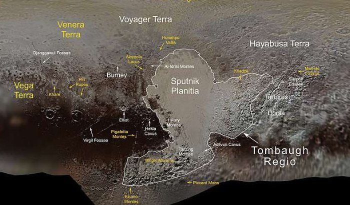 This map, stitched together from images and data gathered by NASA's New Horizons spacecraft in 2015, shows the names of features on Pluto's surface. Credits: NASA/JHUAPL/SwRI/Ross Beyer